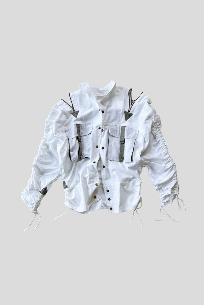 1980's white cotton utility jacket w/huge cargo pocket
